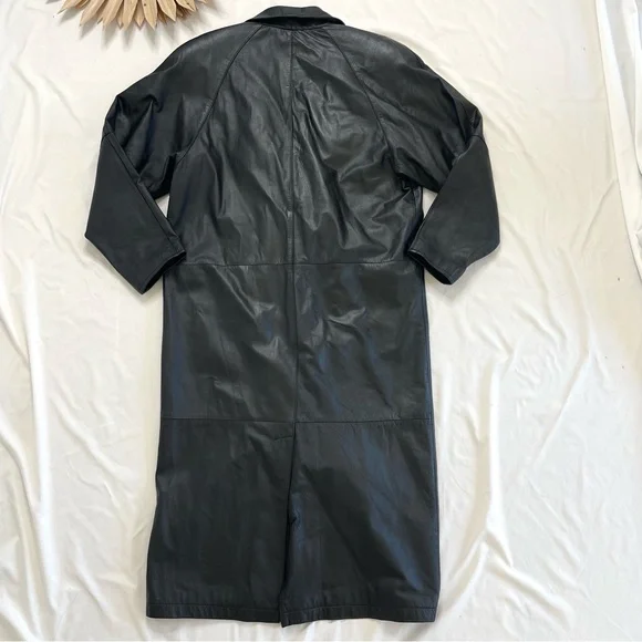 Vintage GIII Leather Long Black Button Front Trench Matrix Coat Size Small